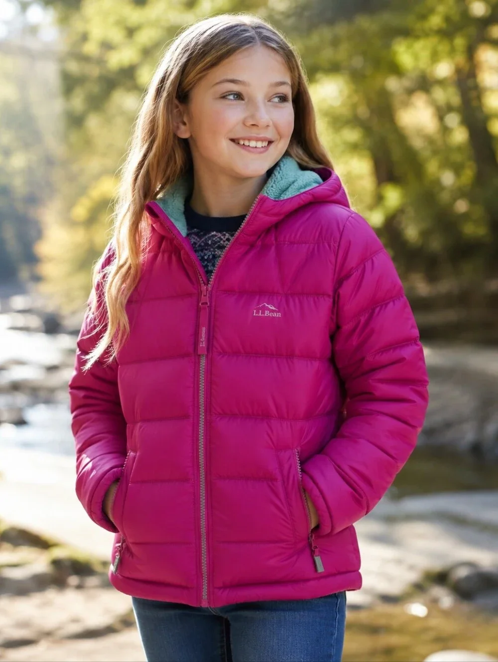 L.L.Bean Girls DownTek 650 Fill Hooded Puffer Jacket Pink NWT Size Medium 10/12